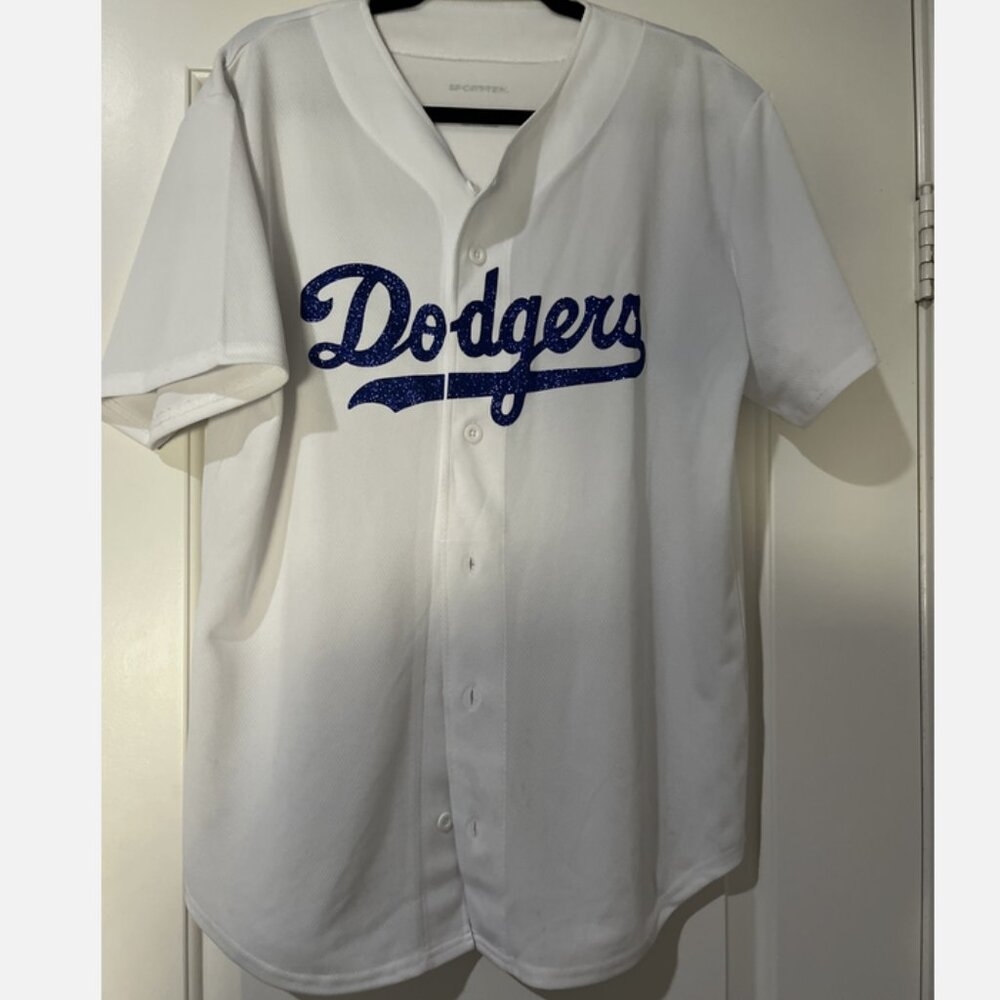 Sport-tek Unisex M Glitter Button Up Short Sleeve Shirt Glitter Blue Dodgers MLB
